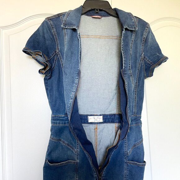 We the Free CRVY Dark Wash Denim Short Sleeve Zip Up Flare Jumpsuit - Picture 5 of 8